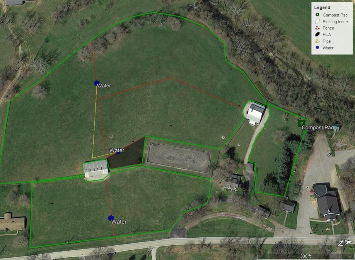 This farm in Franklin County, Kentucky, is a hunter jumper operation that originally had just two pastures. By subdividing into two or three paddocks, the farm was able to implement a rotational grazing system, minimizing their investment to just temporary electric fence. If all goes well, they may make the fencing permanent in the future. Water facilities in the fence lines provide water to all paddocks and a dry lot (HUA) with just three waterers.