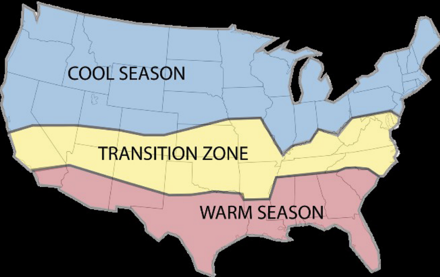 U.S. split into three zones: cool season, transition zone, and warm season
