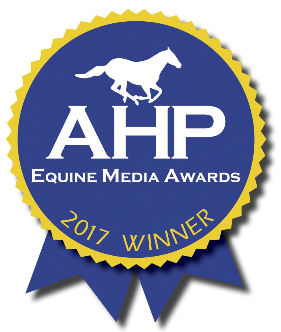 Ribbon with text: "American Horse Publications (AHP) Equine Media Awards 2017 Winner""