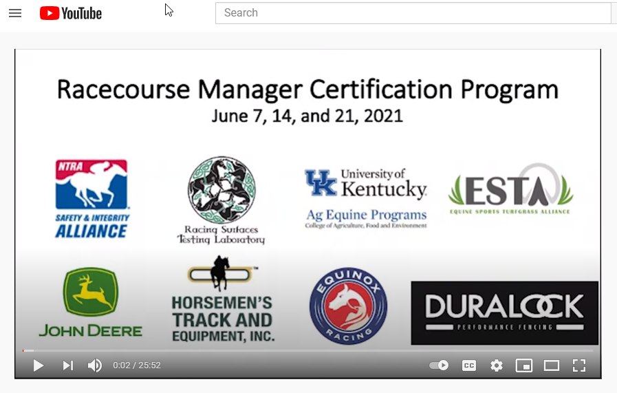 Screenshot of Youtube video with text ("Racecourse Manager Certification Program")