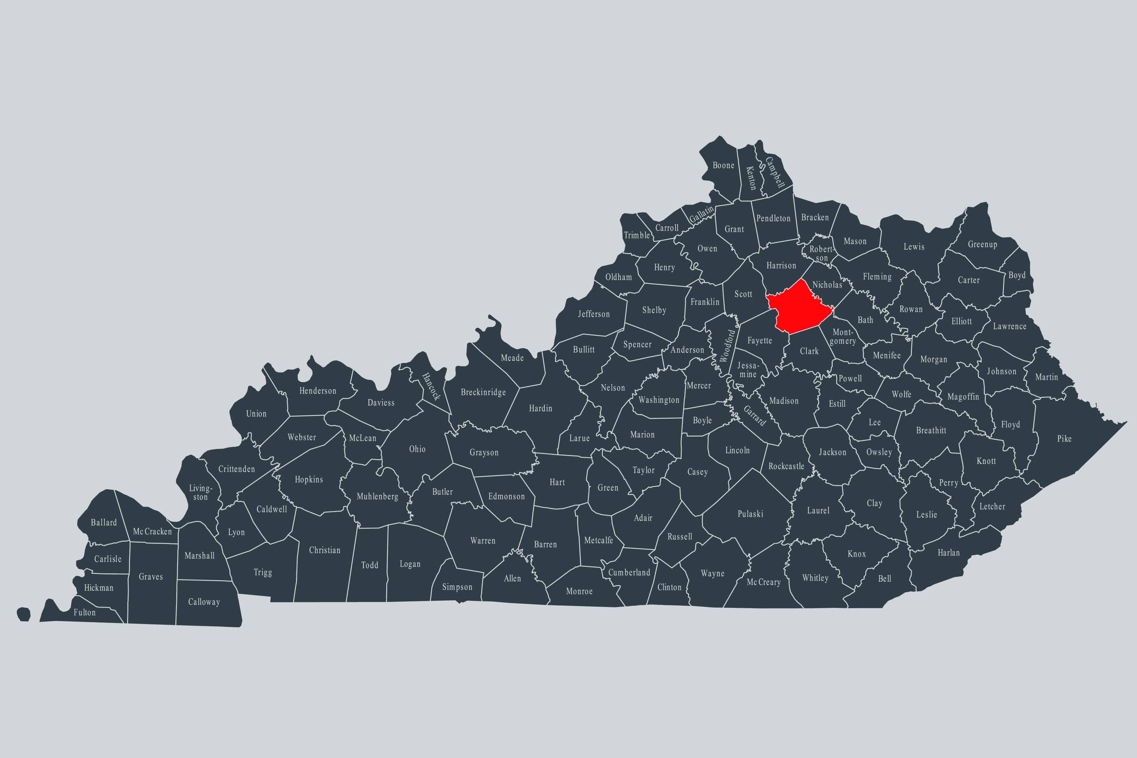 Kentucky Map with Bourbon County Highlighted
