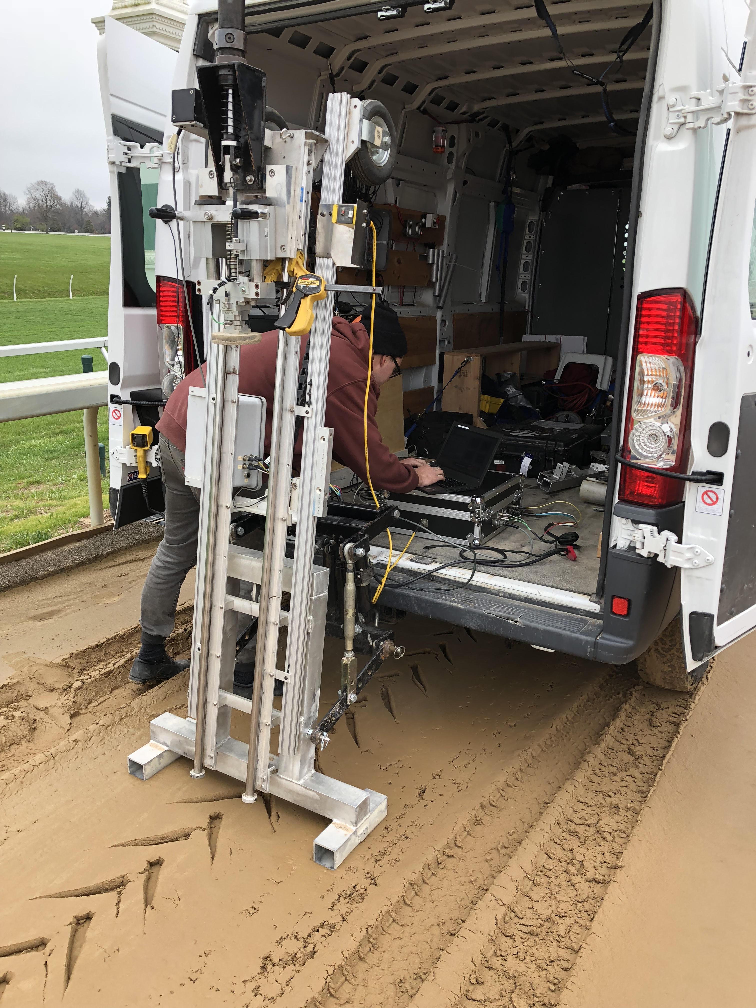The Orono Biomechanical Suface Tester (OBST) is used prior to each race meet to duplicate the loads and speeds of the forelimb at a gallop.