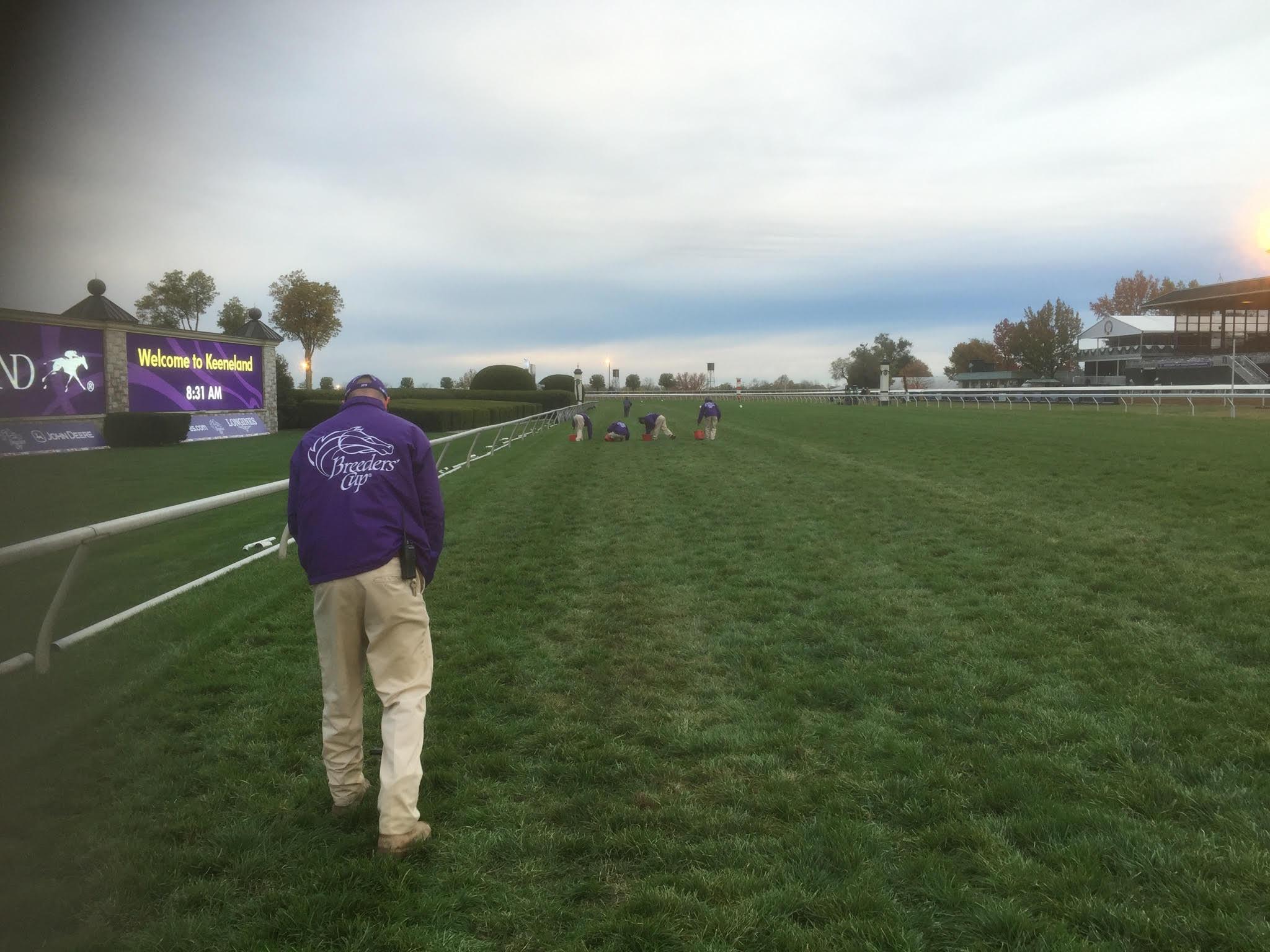 Tim Fahrendorf, Keeneland Assistant Track Superintendent, taking track moisture data using time domain reflectometry during the 2015 Breeder’s Cup races